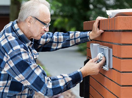 Older man repairing intercom at the gate