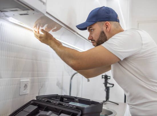 Handyman concentrating onto placing led strip lights